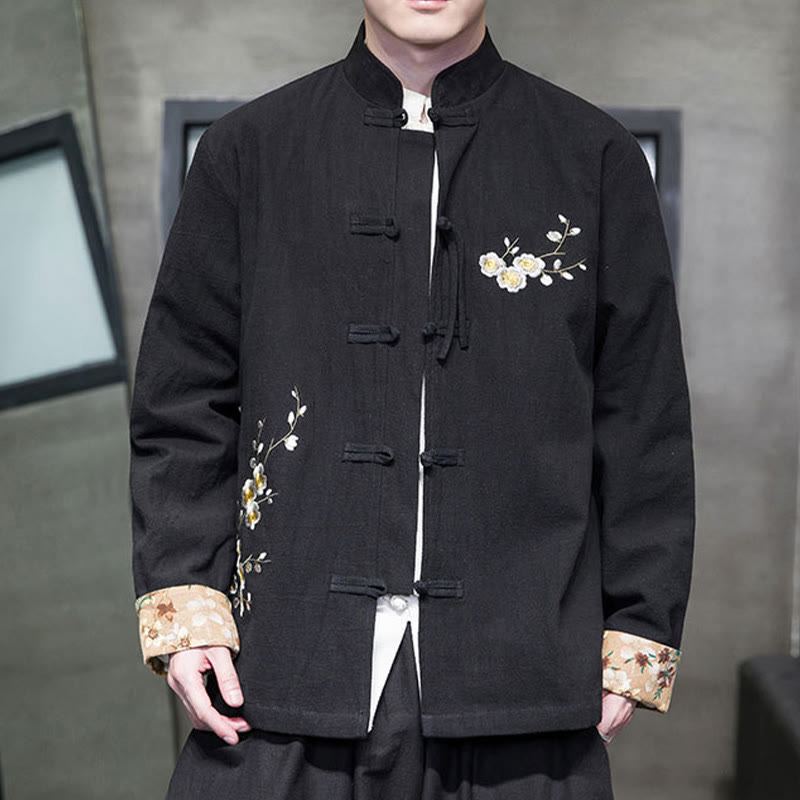 Buddha Stones梅の花 刺繍 カフス 花柄 カエルボタン 唐装 コットンリネン メンズ ジャケット シャツ - 黒 - US/UK/AU46、 EU56 (5XL) - image 1