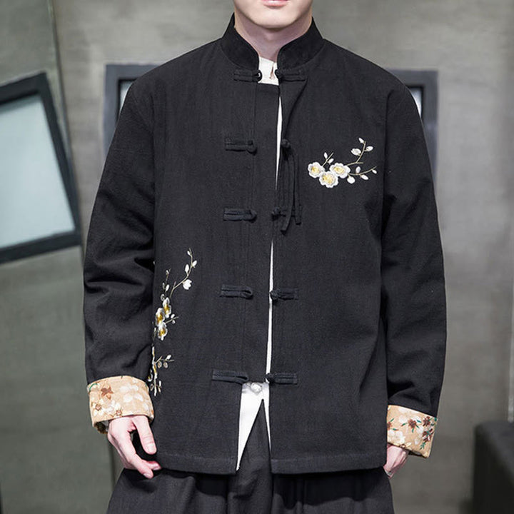 Buddha Stones梅の花 刺繍 カフス 花柄 カエルボタン 唐装 コットンリネン メンズ ジャケット シャツ - 黒 - US/UK/AU46、 EU56 (5XL) - image 1