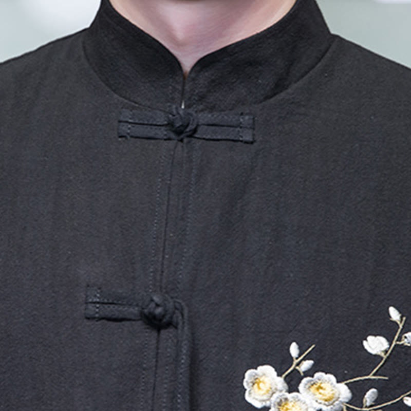 Buddha Stones梅の花 刺繍 カフス 花柄 カエルボタン 唐装 コットンリネン メンズ ジャケット シャツ