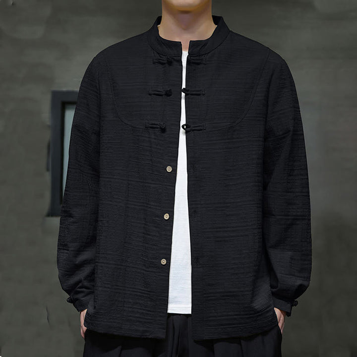 Buddha Stones無地 ハーフフロッグボタン 唐装 コットンリネン メンズ ジャケット シャツ - 黒 - US/UK/AU46、 EU56 (5XL) - image 20