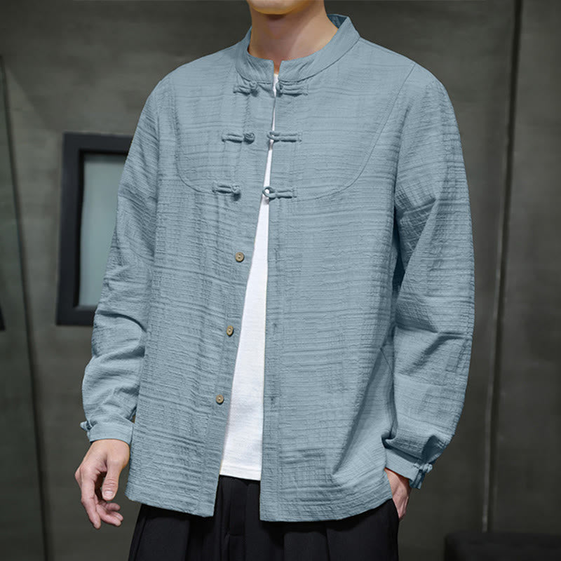 Buddha Stones無地 ハーフフロッグボタン 唐装 コットンリネン メンズ ジャケット シャツ - キャデットブルー - US/UK/AU46、 EU56 (5XL) - image 0