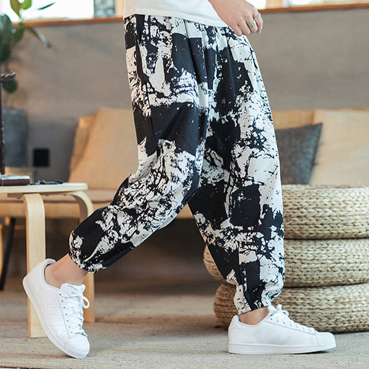 Buddha Stonesブラック ホワイト インク デザイン コットン リネン ドローストリング メンズ ハーレムパンツ ポケット付き - image 6