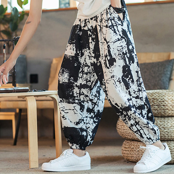 Buddha Stonesブラック ホワイト インク デザイン コットン リネン ドローストリング メンズ ハーレムパンツ ポケット付き - image 1