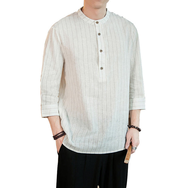 Buddha Stonesハーフボタン ストライプ 七分袖 リネン メンズシャツ - image 26