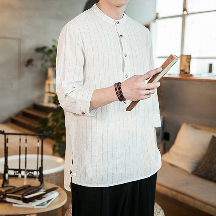 Buddha Stonesハーフボタン ストライプ 七分袖 リネン メンズシャツ - image 16