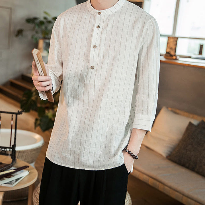 Buddha Stonesハーフボタン ストライプ 七分袖 リネン メンズシャツ - image 13