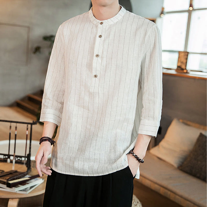 Buddha Stonesハーフボタン ストライプ 七分袖 リネン メンズシャツ - 白 - US/UK/AU46、 EU56 (5XL) - image 12
