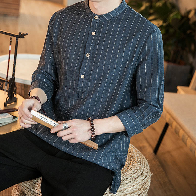 Buddha Stonesハーフボタン ストライプ 七分袖 リネン メンズシャツ - image 10