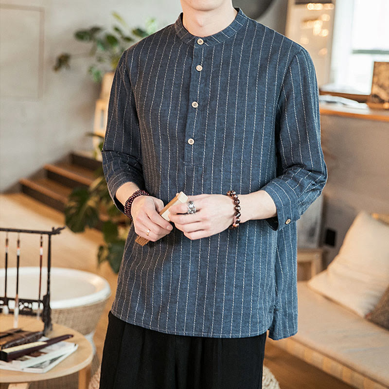 Buddha Stonesハーフボタン ストライプ 七分袖 リネン メンズシャツ - image 3