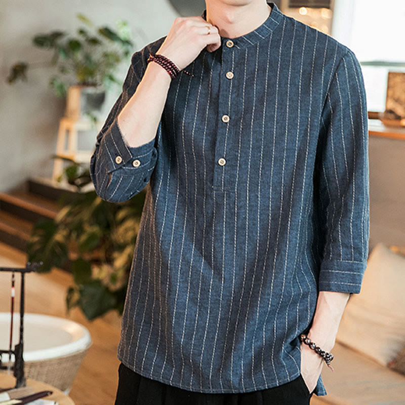 Buddha Stonesハーフボタン ストライプ 七分袖 リネン メンズシャツ - image 2