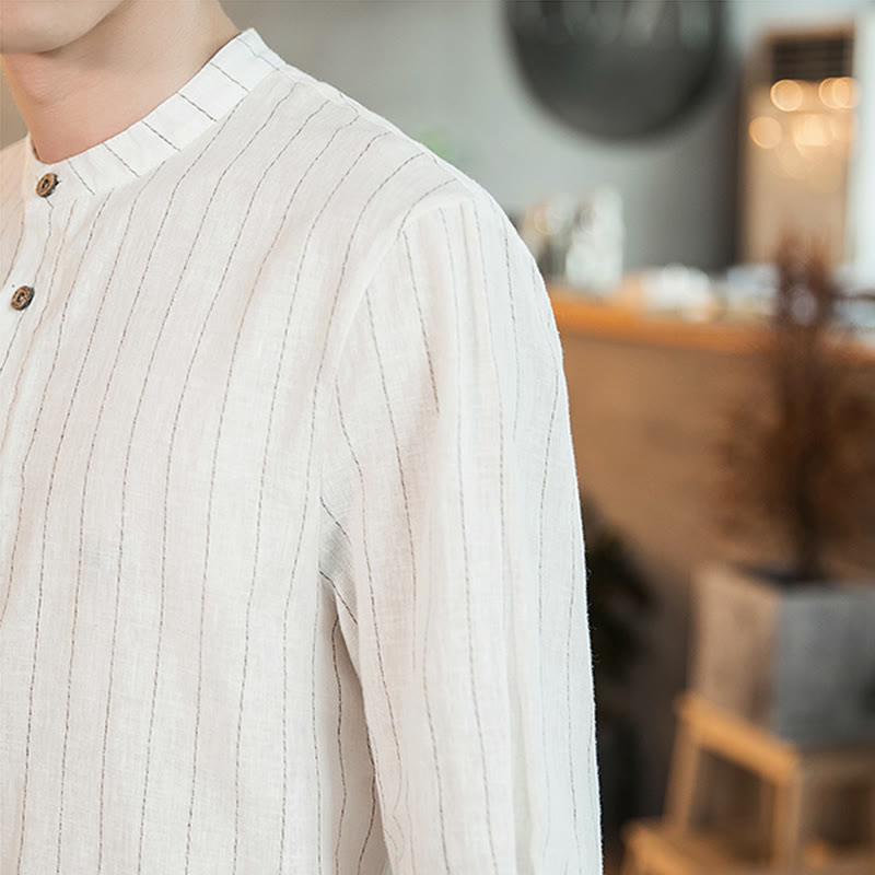 Buddha Stonesハーフボタン ストライプ 七分袖 リネン メンズシャツ - image 23