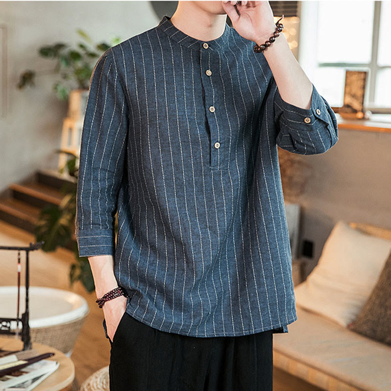 Buddha Stonesハーフボタン ストライプ 七分袖 リネン メンズシャツ - image 1