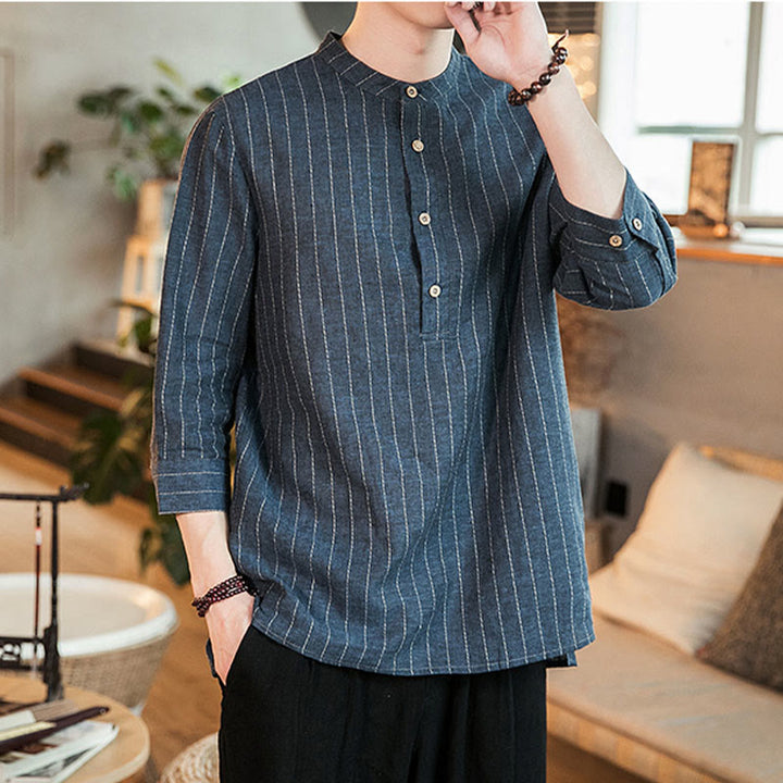 Buddha Stonesハーフボタン ストライプ 七分袖 リネン メンズシャツ - image 1