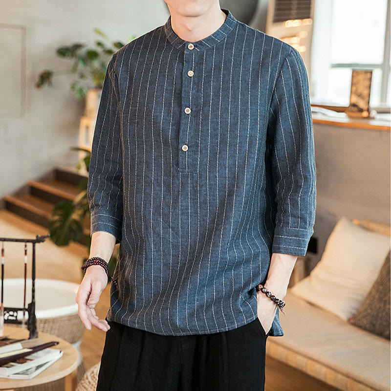 Buddha Stonesハーフボタン ストライプ 七分袖 リネン メンズシャツ - image 7