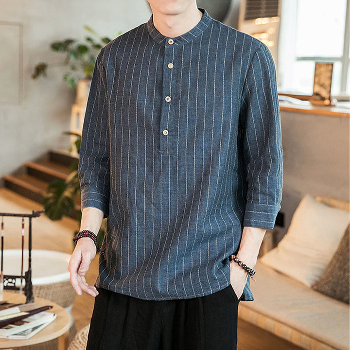 Buddha Stonesハーフボタン ストライプ 七分袖 リネン メンズシャツ - image 7