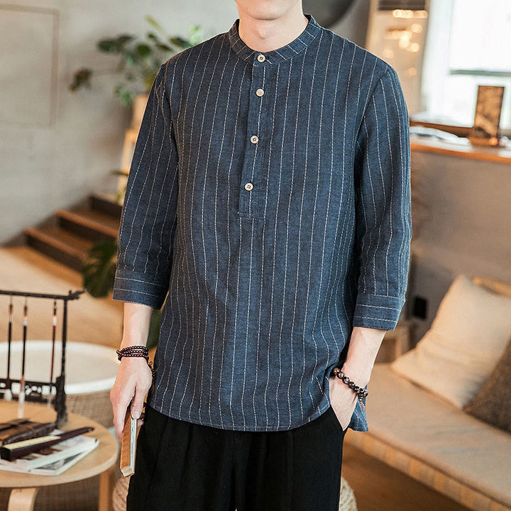 Buddha Stonesハーフボタン ストライプ 七分袖 リネン メンズシャツ - image 8