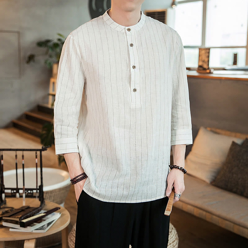 Buddha Stonesハーフボタン ストライプ 七分袖 リネン メンズシャツ - image 15