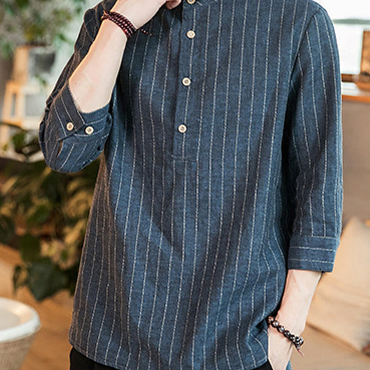 Buddha Stonesハーフボタン ストライプ 七分袖 リネン メンズシャツ - image 9