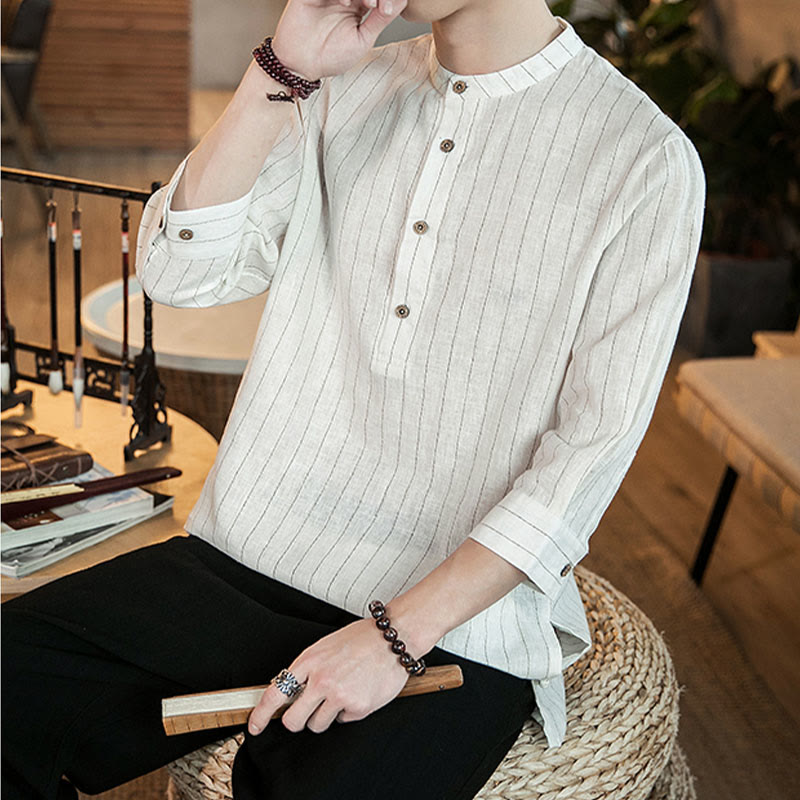 Buddha Stonesハーフボタン ストライプ 七分袖 リネン メンズシャツ - image 21