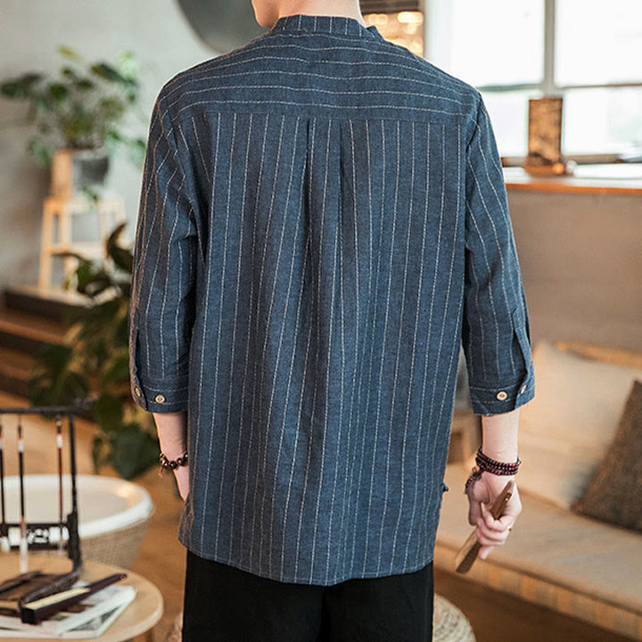 Buddha Stonesハーフボタン ストライプ 七分袖 リネン メンズシャツ - image 4
