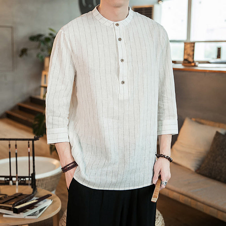 Buddha Stonesハーフボタン ストライプ 七分袖 リネン メンズシャツ - image 17