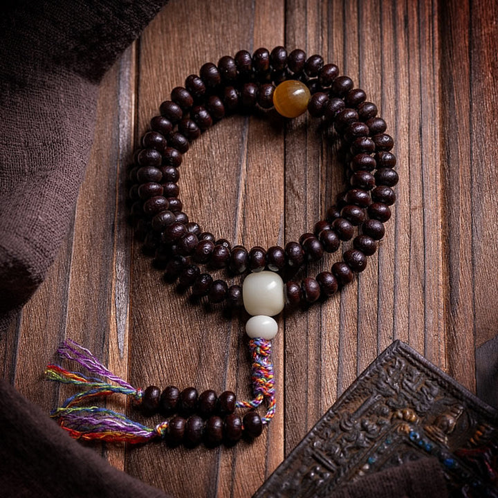 Buddha Stones108 個入りMalaビーズ ボウル 菩提樹 色付きロープ 平和ブレスレット