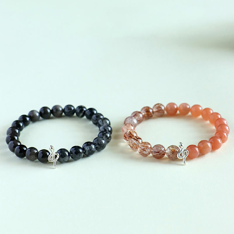 Buddha Stones天然サンストーン スーパーセブン クリスタル シルバーシーン オブシディアン ルチルクォーツ 925スターリングシルバー 蛇年 ポジティブブレスレット