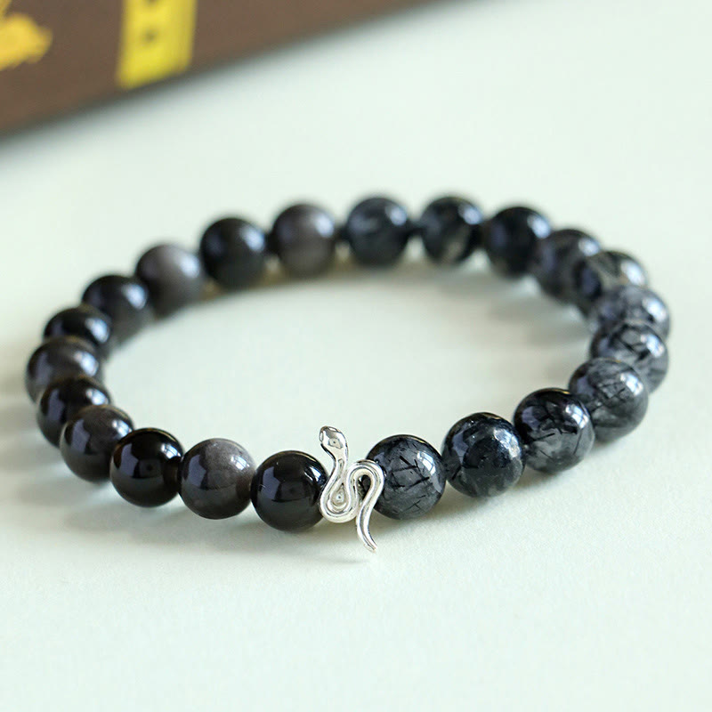 Buddha Stones天然サンストーン スーパーセブン クリスタル シルバーシーン オブシディアン ルチルクォーツ 925スターリングシルバー 蛇年 ポジティブブレスレット