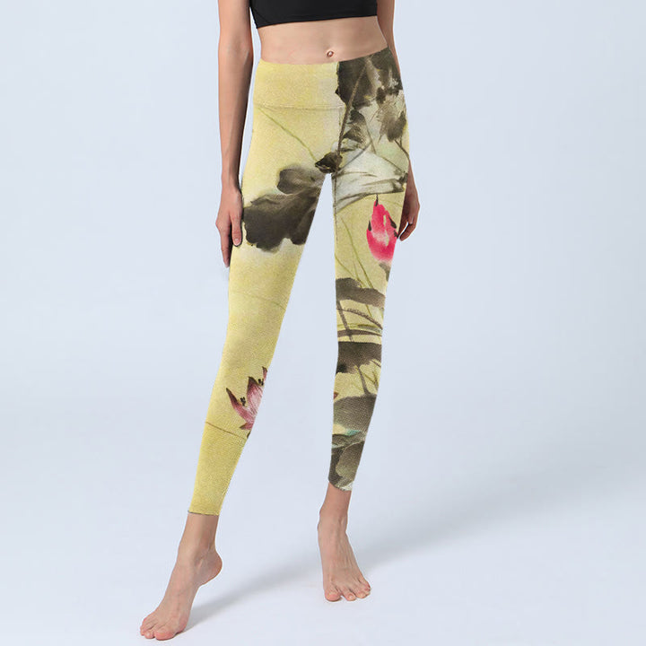 Buddha Stonesピンク 開花と未開花の蓮のプリント ジムレギンス レディース ヨガパンツ - image 6
