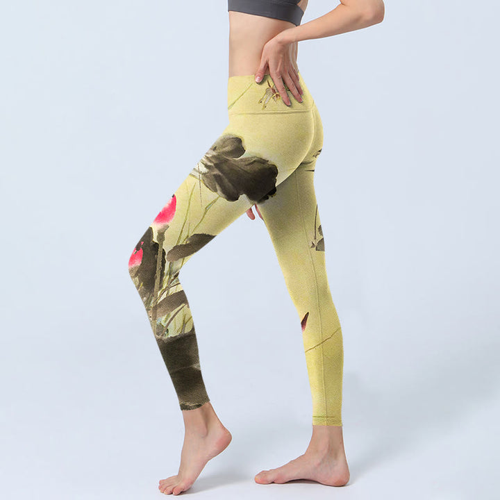 Buddha Stonesピンク 開花と未開花の蓮のプリント ジムレギンス レディース ヨガパンツ - image 3