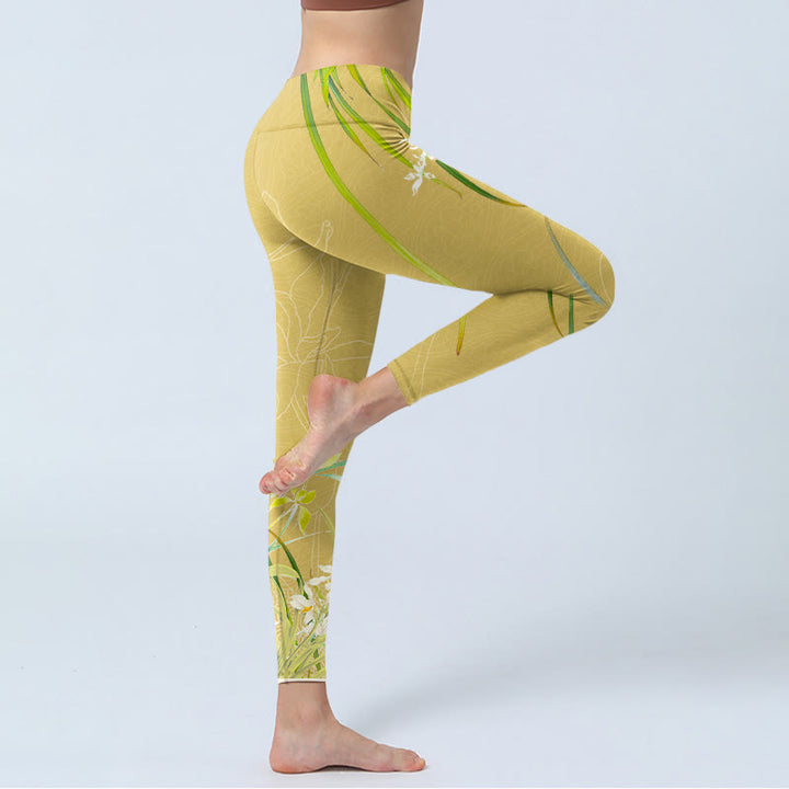Buddha Stones、黄色の蘭の花、しだれ葉のプリントジムレギンス、レディースヨガパンツ - image 4