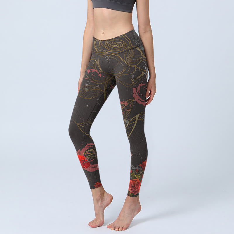 Buddha Stonesレッドローズプリント ジムレギンス レディース ヨガパンツ - 黒 - US18、 UK/AU22、 EU50 (4XL) - image 1