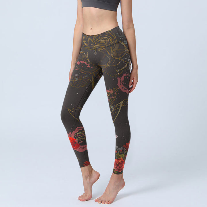 Buddha Stonesレッドローズプリント ジムレギンス レディース ヨガパンツ - 黒 - US18、 UK/AU22、 EU50 (4XL) - image 1