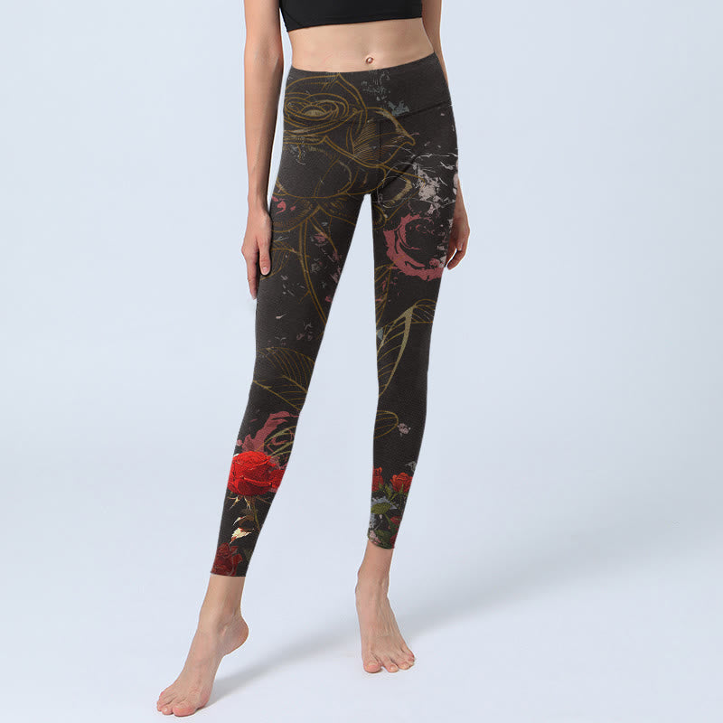 Buddha Stonesレッドローズプリント ジムレギンス レディース ヨガパンツ - image 6