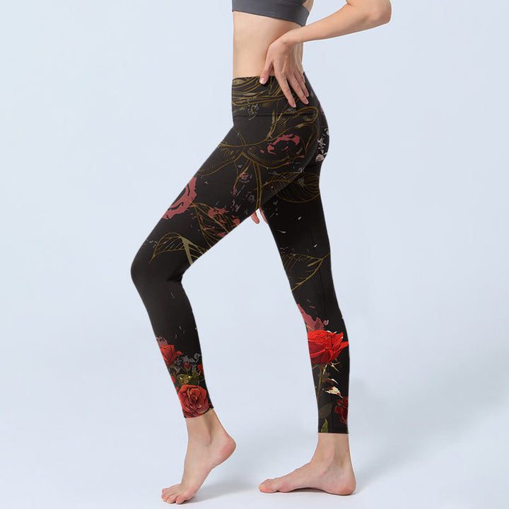 Buddha Stonesレッドローズプリント ジムレギンス レディース ヨガパンツ - image 3