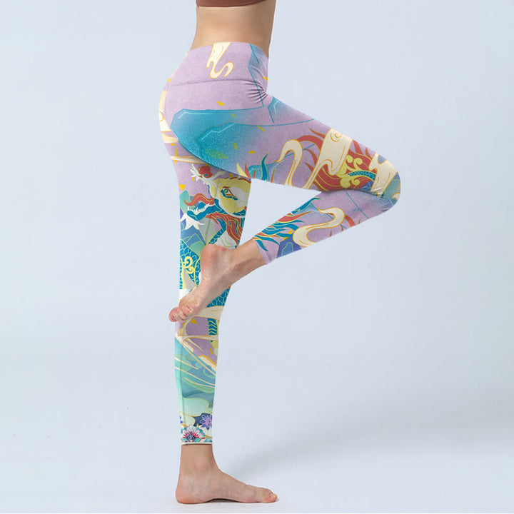 Buddha Stones、紫龍、吉兆の雲柄プリントのジムレギンス、レディースヨガパンツ - image 4