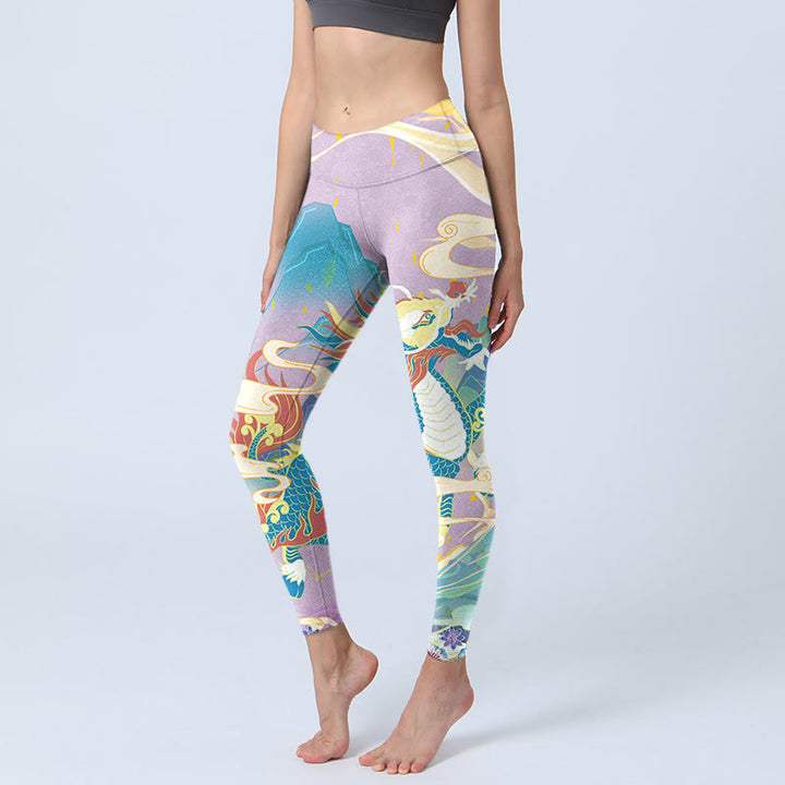 Buddha Stones、紫龍、吉兆の雲柄プリントのジムレギンス、レディースヨガパンツ - 梅 - US18、 UK/AU22、 EU50 (4XL) - image 1