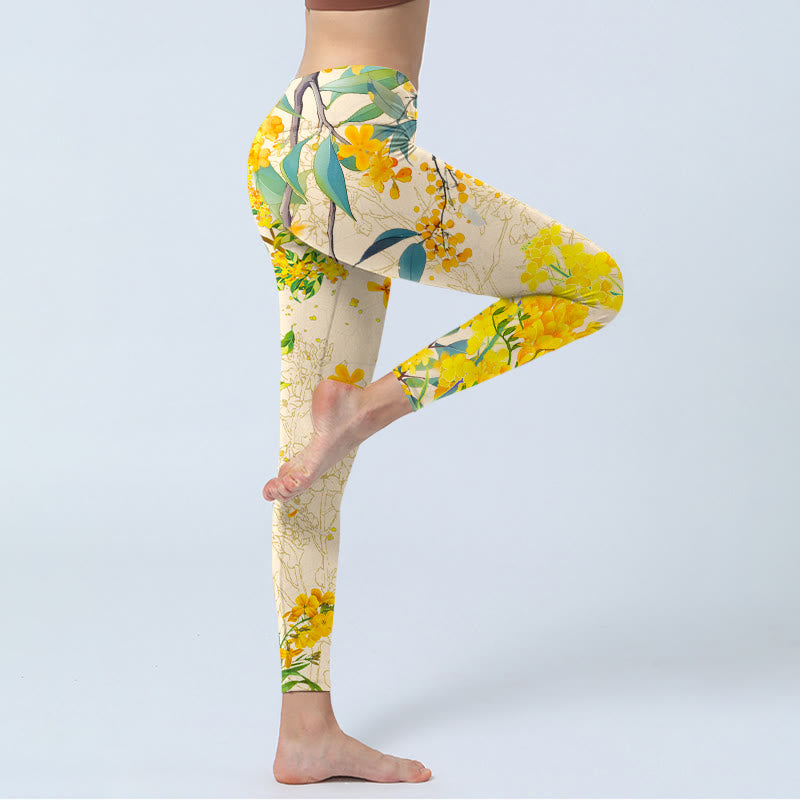 Buddha Stones、黄色のキンモクセイ、菜種プリントのジムレギンス、レディースヨガパンツ - image 4