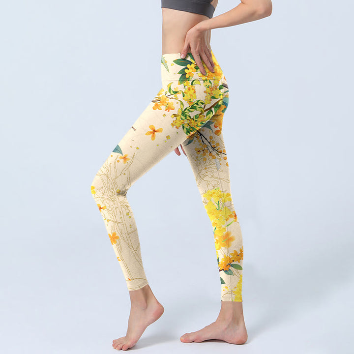Buddha Stones、黄色のキンモクセイ、菜種プリントのジムレギンス、レディースヨガパンツ - image 3