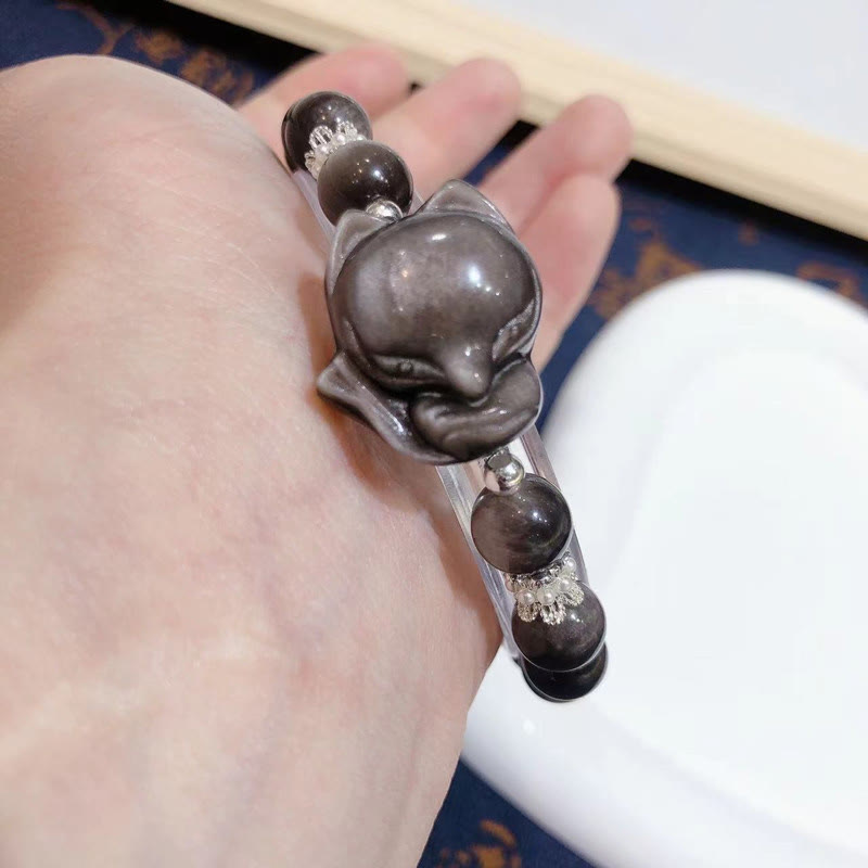 Buddha Stones天然銀光沢黒曜石 九尾狐 コミュニケーションブレスレット