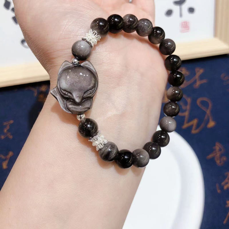 Buddha Stones天然銀光沢黒曜石 九尾狐 コミュニケーションブレスレット