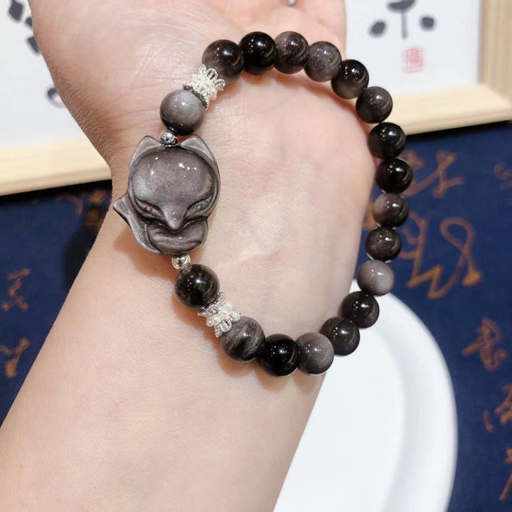 Buddha Stones天然銀光沢黒曜石 九尾狐 コミュニケーションブレスレット
