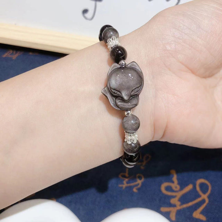Buddha Stones天然銀光沢黒曜石 九尾狐 コミュニケーションブレスレット