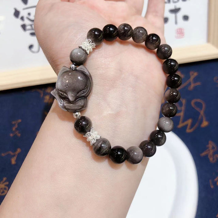 Buddha Stones天然銀光沢黒曜石 九尾狐 コミュニケーションブレスレット