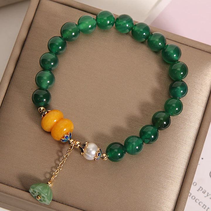 Buddha Stonesグリーンアゲート アンバーパール ロータスポッドサポートブレスレット
