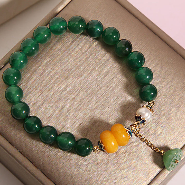Buddha Stonesグリーンアゲート アンバーパール ロータスポッドサポートブレスレット