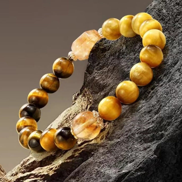 Buddha Stones天然イエローブラックタイガーアイ シトリン パワーブレスレット