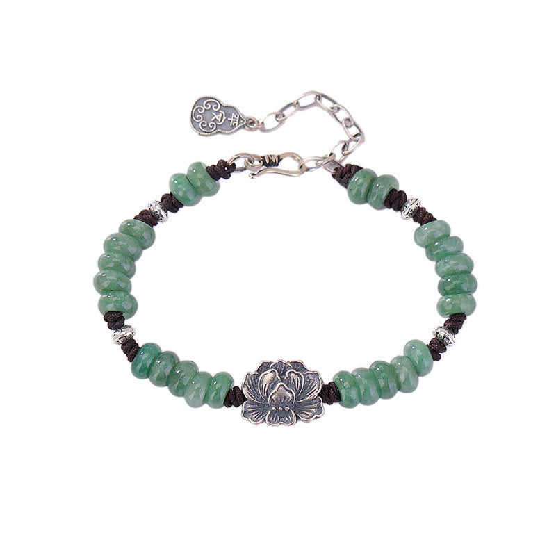 Buddha Stones925スターリングシルバー 天然翡翠 蓮華 幸運 平和 喜び ブレスレット