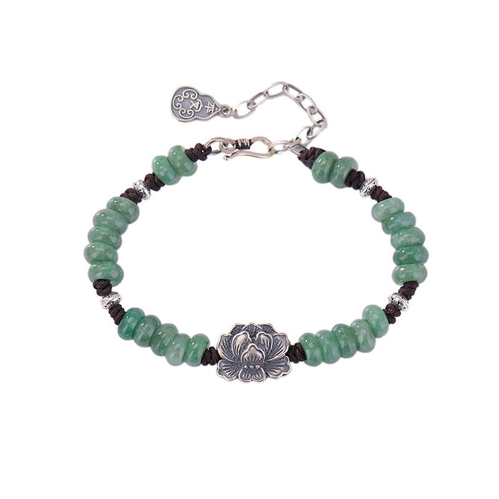 Buddha Stones925スターリングシルバー 天然翡翠 蓮華 幸運 平和 喜び ブレスレット