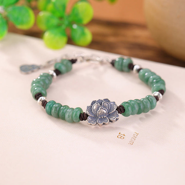 Buddha Stones925スターリングシルバー 天然翡翠 蓮華 幸運 平和 喜び ブレスレット